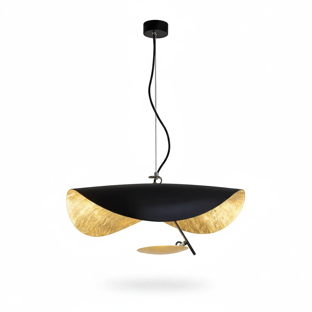 Lysverden black and gold metal bowl pendant light with a flat disk design for warm indirect LED lighting