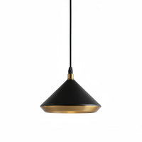 Lysverden modern black cone pendant lamp with a warm gold interior finish, hanging against a white background.