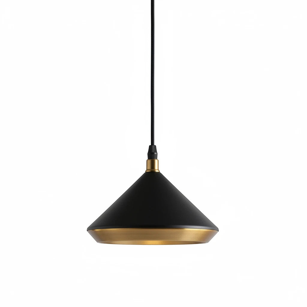 Lysverden modern black cone pendant lamp with a warm gold interior finish, hanging against a white background.