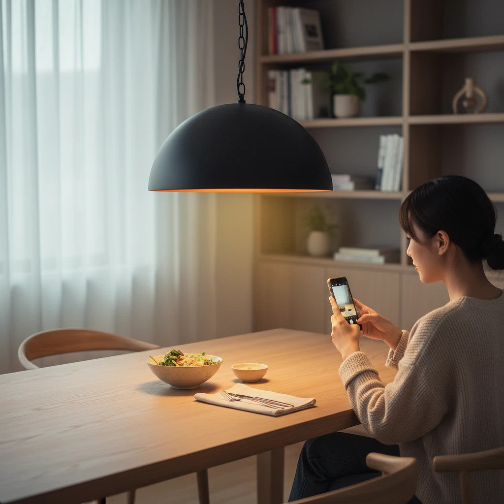 Lysverden black metal dome pendant light with a warm gold interior hanging over a wooden dining table