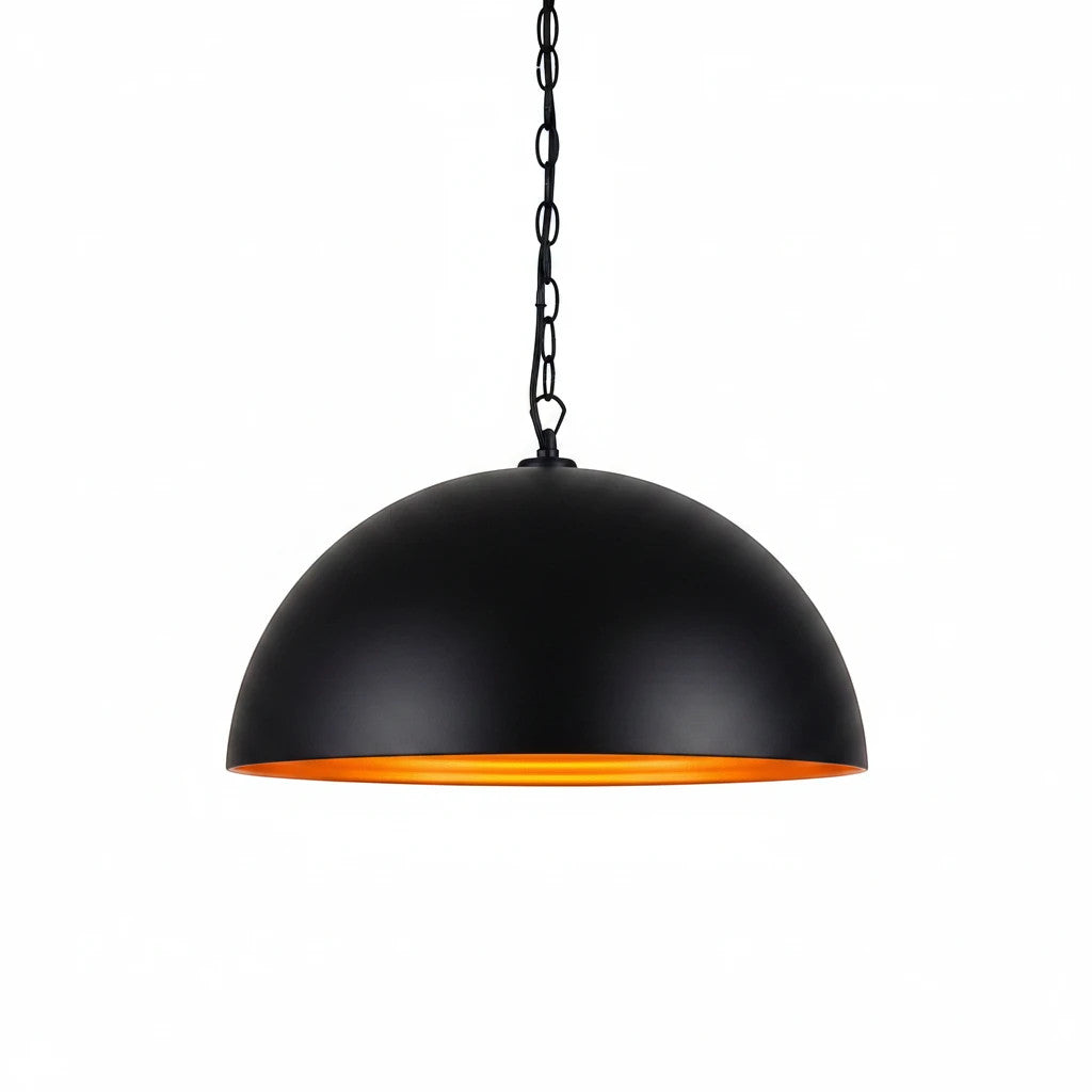 Lysverden matte black dome pendant light with a reflective gold interior, suspended by a matching black chain.