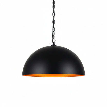 Lysverden matte black dome pendant light with a reflective gold interior, suspended by a matching black chain.