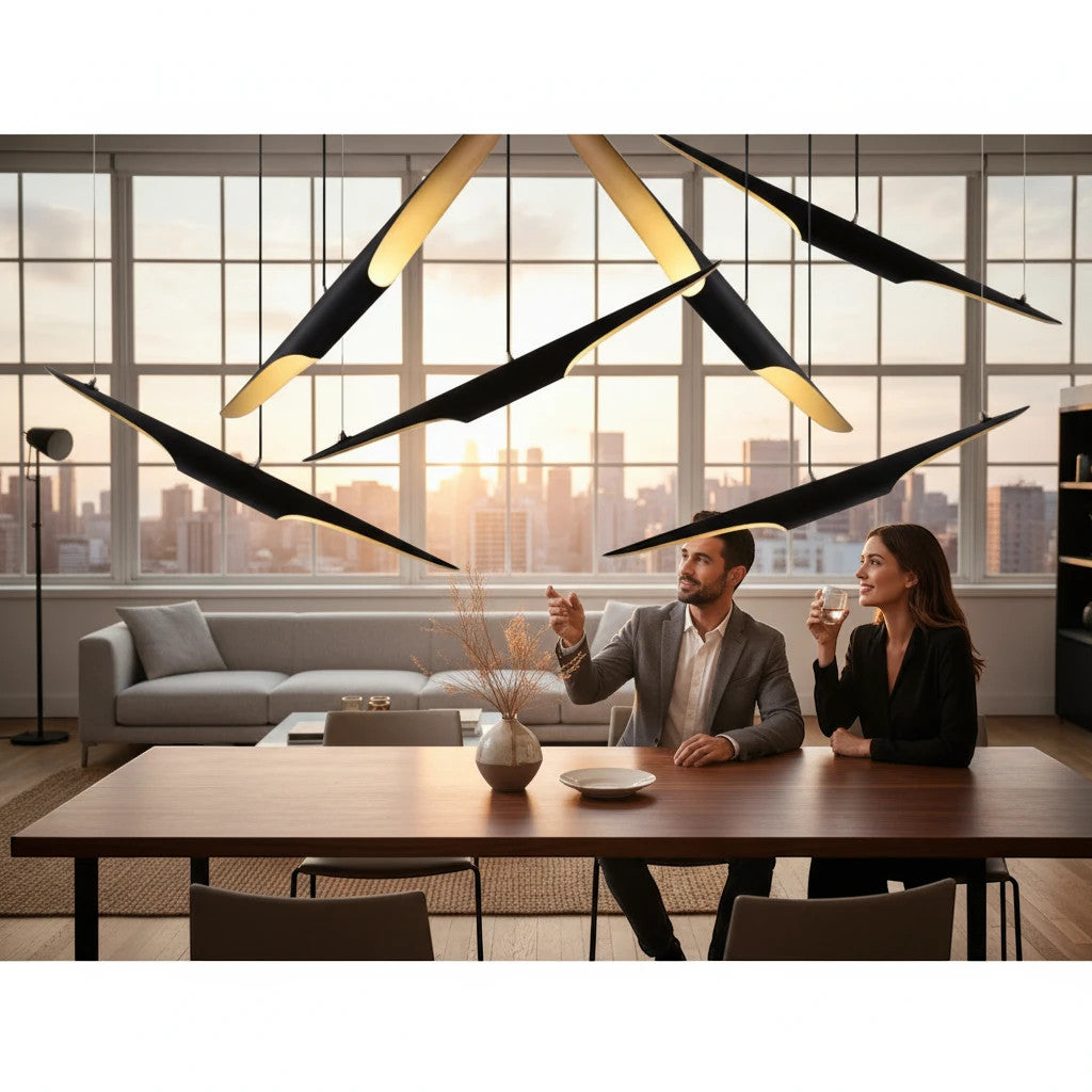Lysverden sculptural pendant lights with black slanted tubes and gold interiors hanging over a modern dining table.