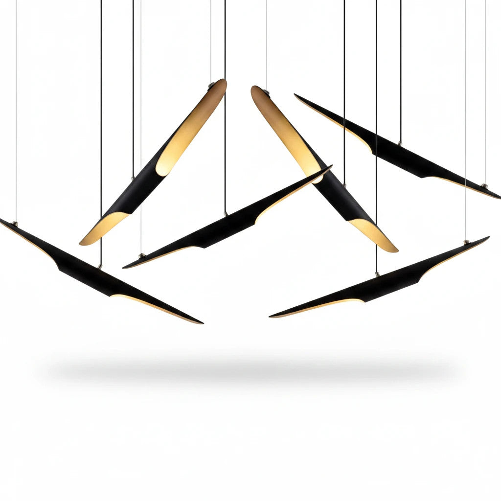 Lysverden modern cluster pendant light with black slanted metal tubes and warm gold interior finish
