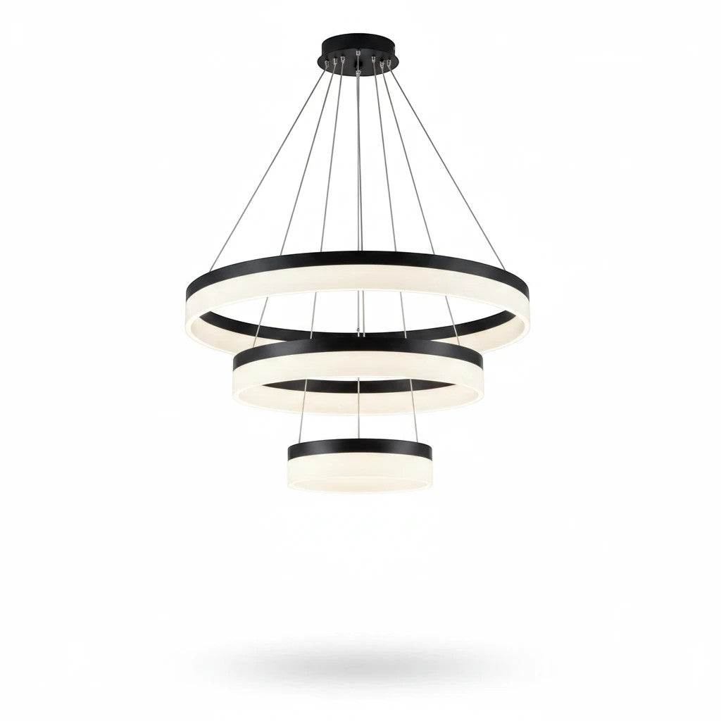 Lysverden modern LED chandelier with three concentric black metal rings and warm white acrylic light diffusers.