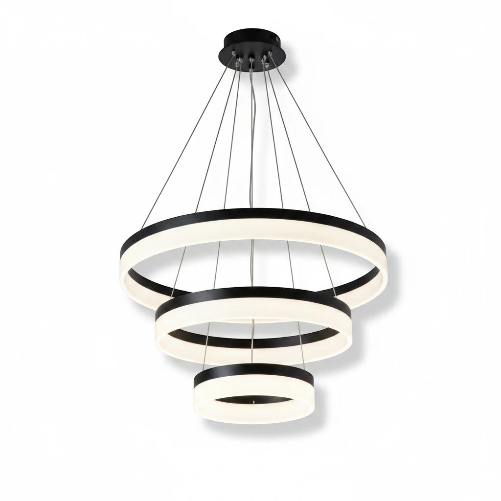 Lysverden modern LED chandelier with three concentric black metal rings and warm white acrylic diffusers.