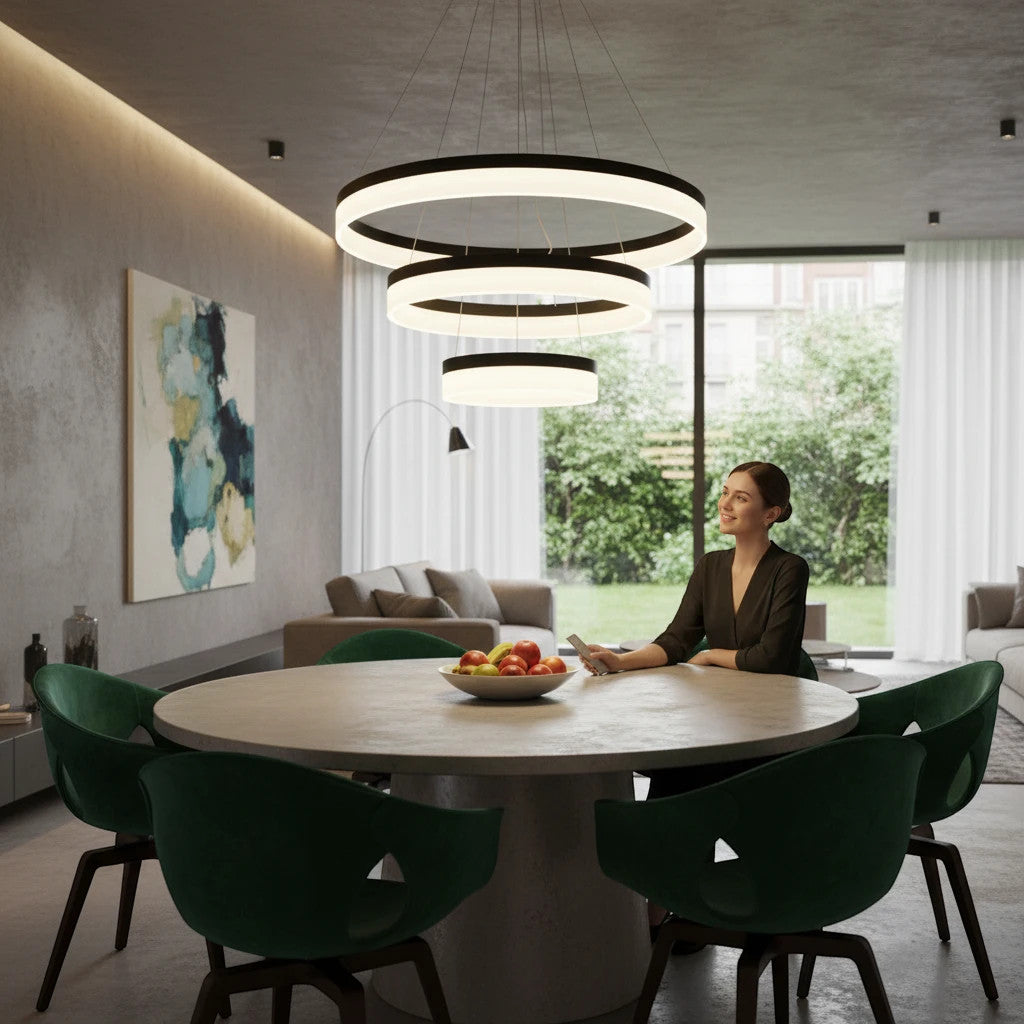 Lysverden modern black LED ring chandelier with three concentric circles hanging over a dining table in a living room