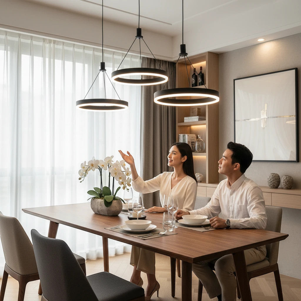 Lysverden modern black LED ring pendant lights hanging over a wooden dining table with a couple sitting in a home.