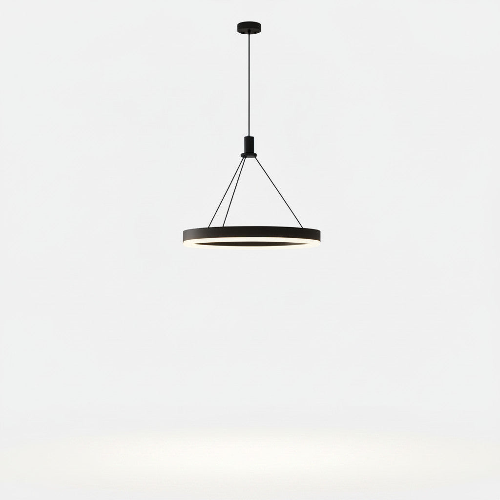 Lysverden minimalistisk sort LED-ringpendel med integrert varmhvitt lys og slank metallramme.
