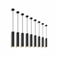 Lysverden black cylindrical LED pendant lights arranged in a cascading cluster with minimalist metal and wood design.