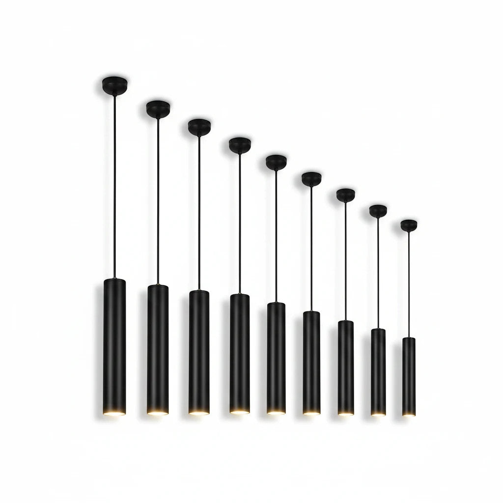 Lysverden black cylindrical LED pendant lights arranged in a cascading cluster with minimalist metal and wood design.