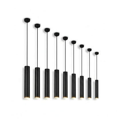 Lysverden black cylindrical LED pendant lights arranged in a cascading cluster with minimalist metal and wood design.