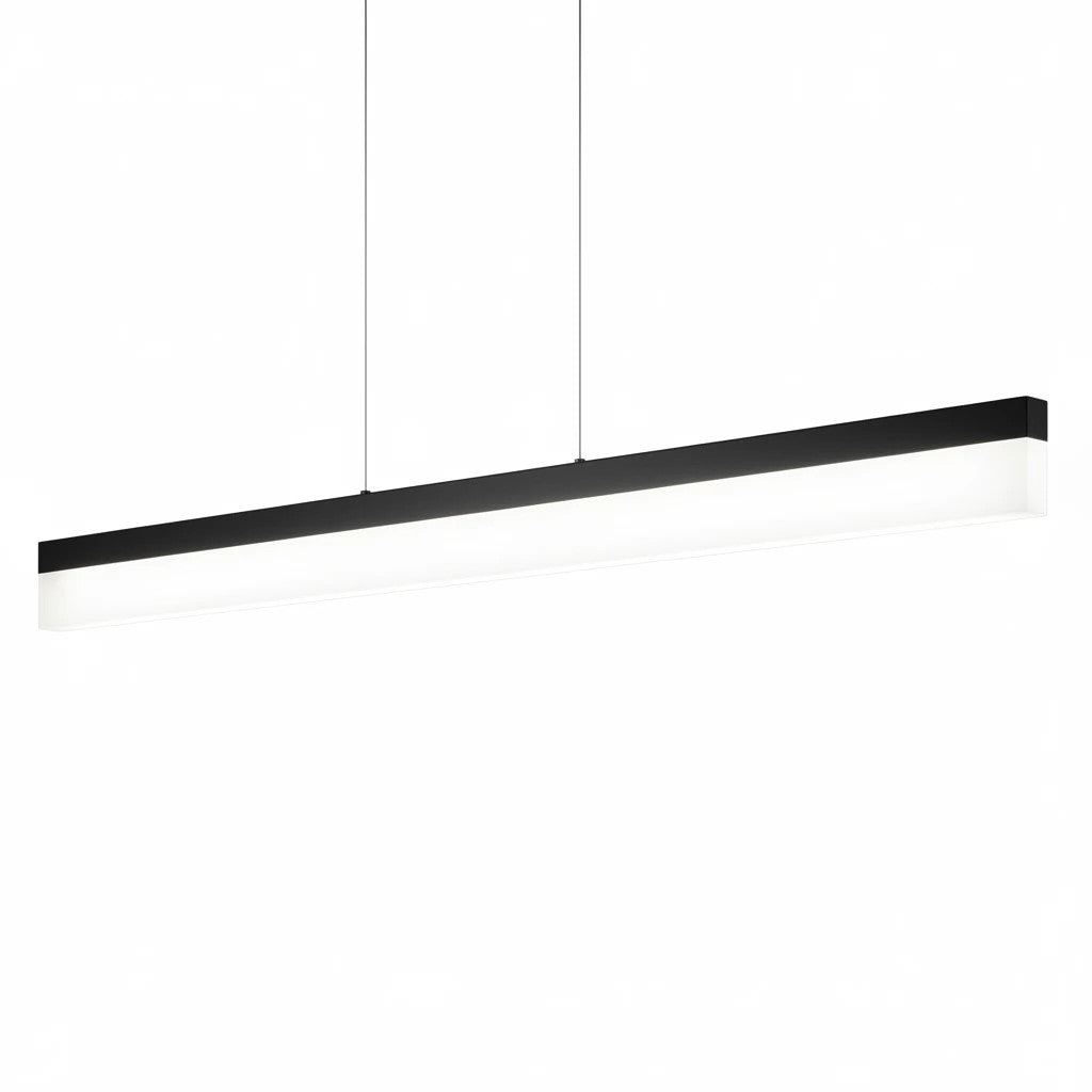 Lysverden minimalist black linear LED pendant light with a slim profile for modern kitchen island or dining table.
