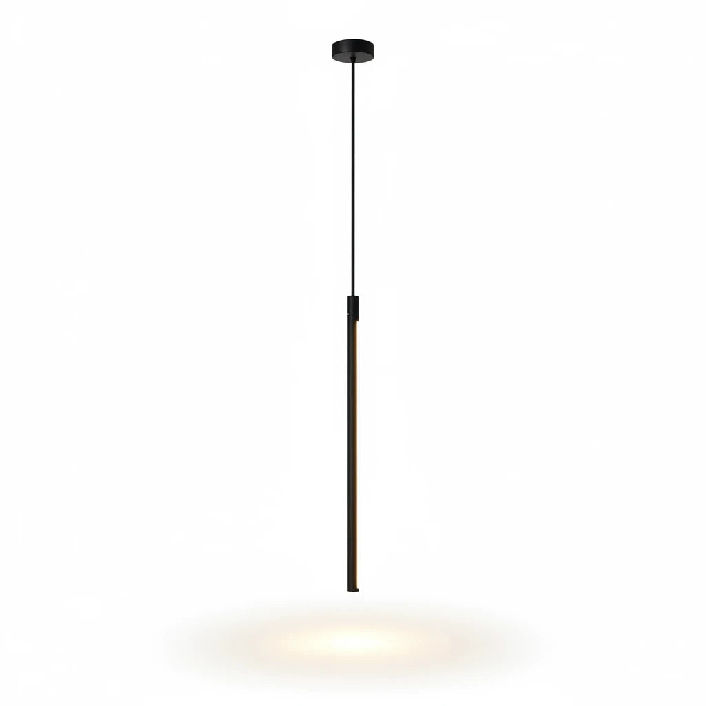 Lysverden minimalist black linear LED pendant light with a slim vertical bar design casting a warm glow downwards
