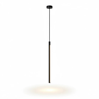 Lysverden minimalist black linear LED pendant light with a slim vertical bar design casting a warm glow downwards