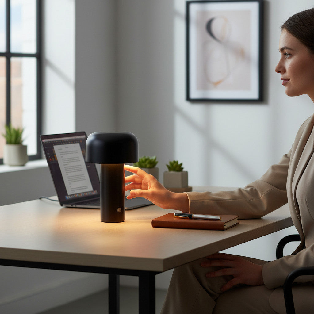 Lysverden black metal mushroom-shaped table lamp with touch control and 3 brightness levels.