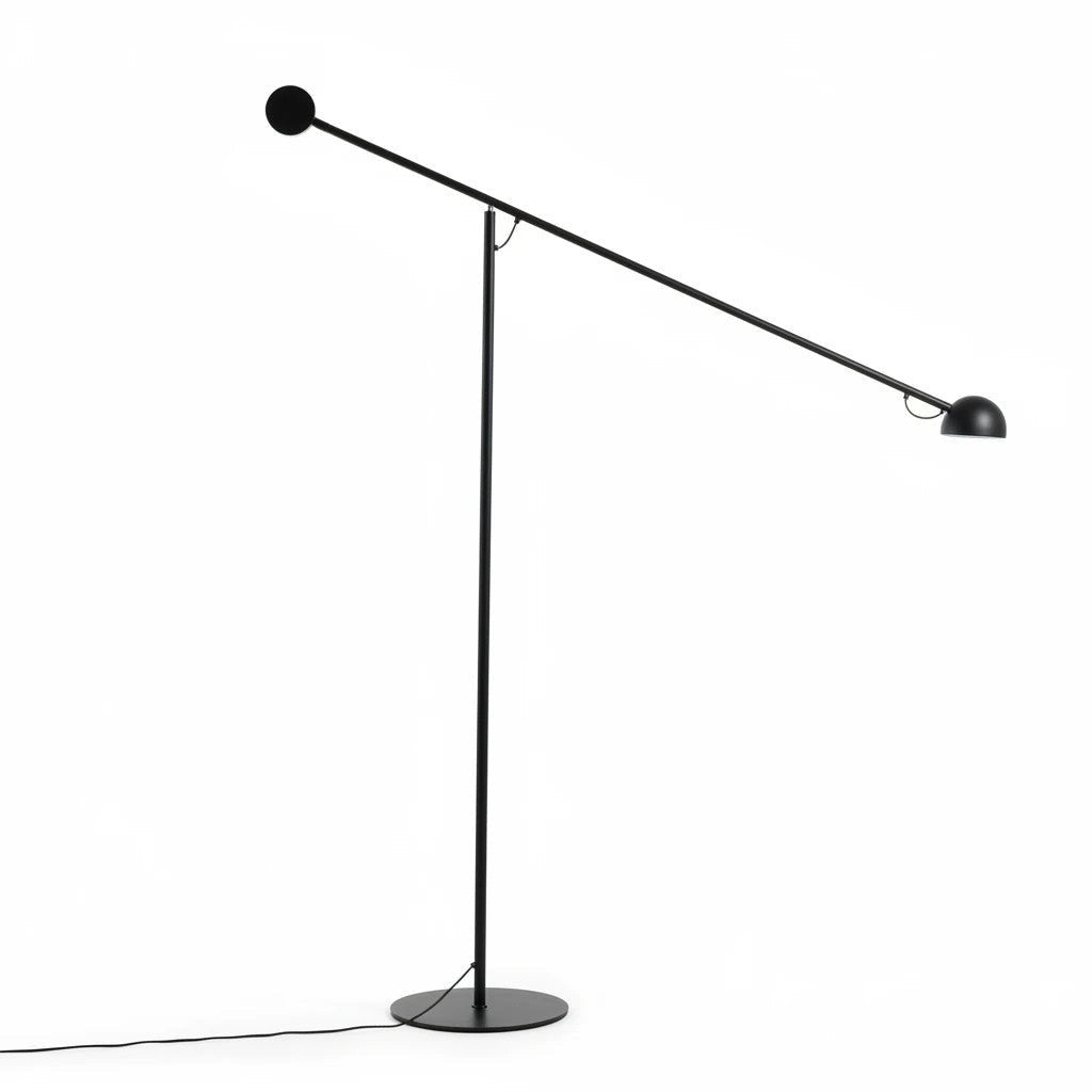 Lysverden minimalist black metal floor lamp with a long cantilever arm for focused lighting over sofas or tables.