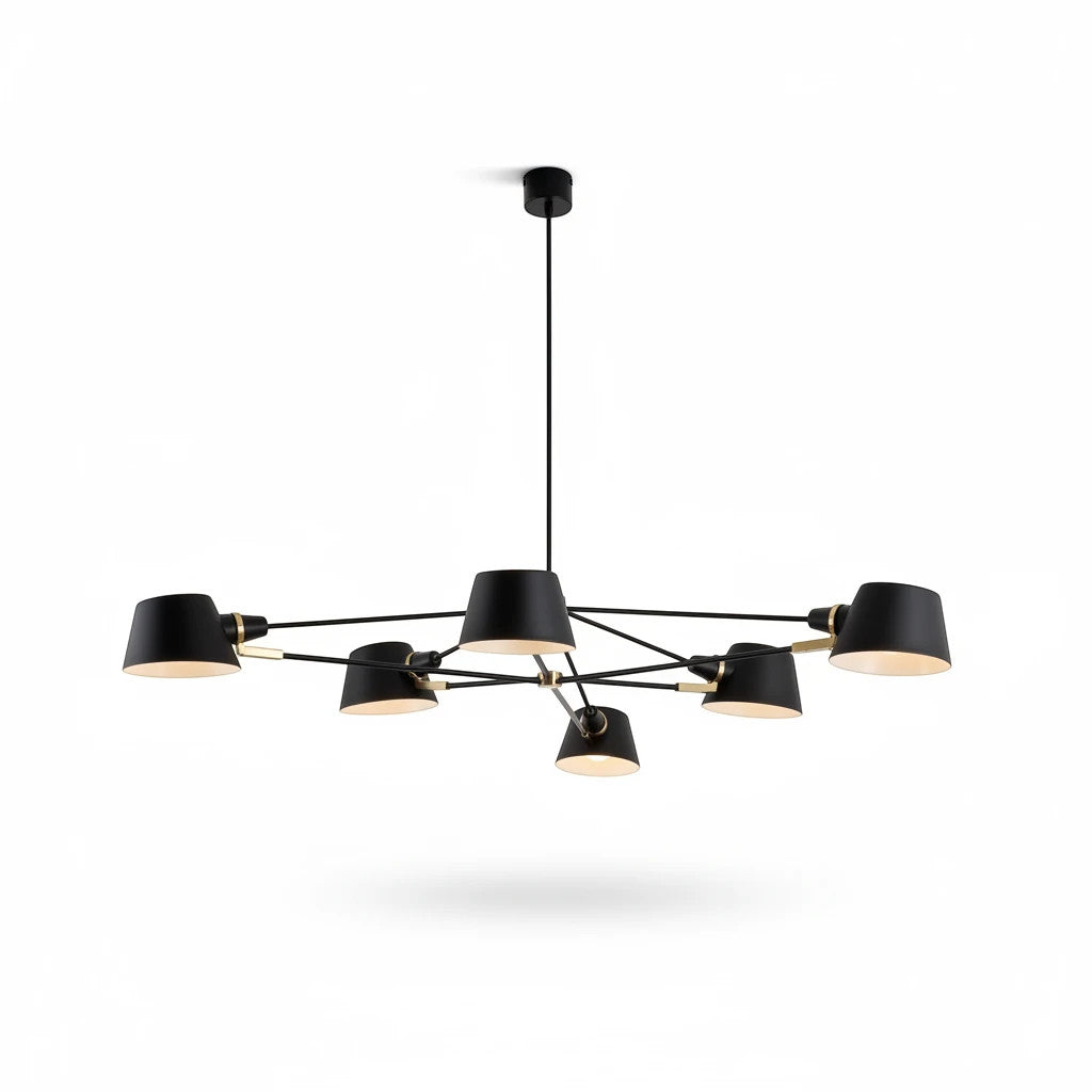 Lysverden moderne sort lysekrone med seks justerbare metallskjermer og gulldetaljer, perfekt for minimalistiske interiør.