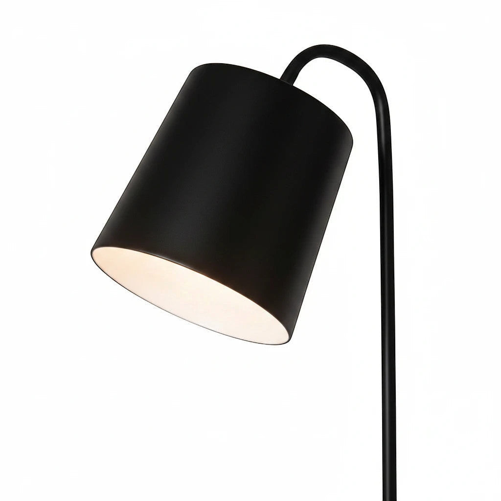 Lysverden black metal floor lamp with a conical shade and integrated warm LED light for modern Scandinavian interiors.