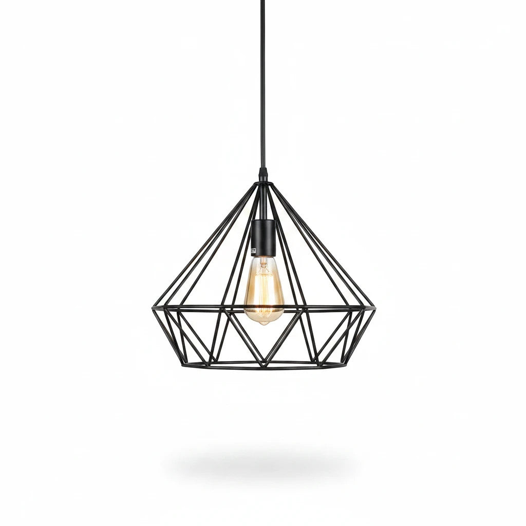 Lysverden industrial black metal wire pendant lamp with a geometric diamond-shaped cage design.