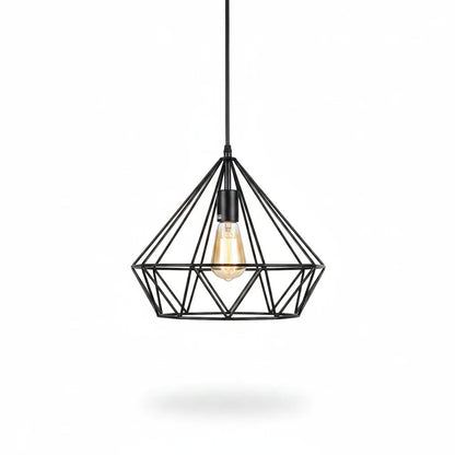 Lysverden industrial black metal wire pendant lamp with a geometric diamond-shaped cage design.