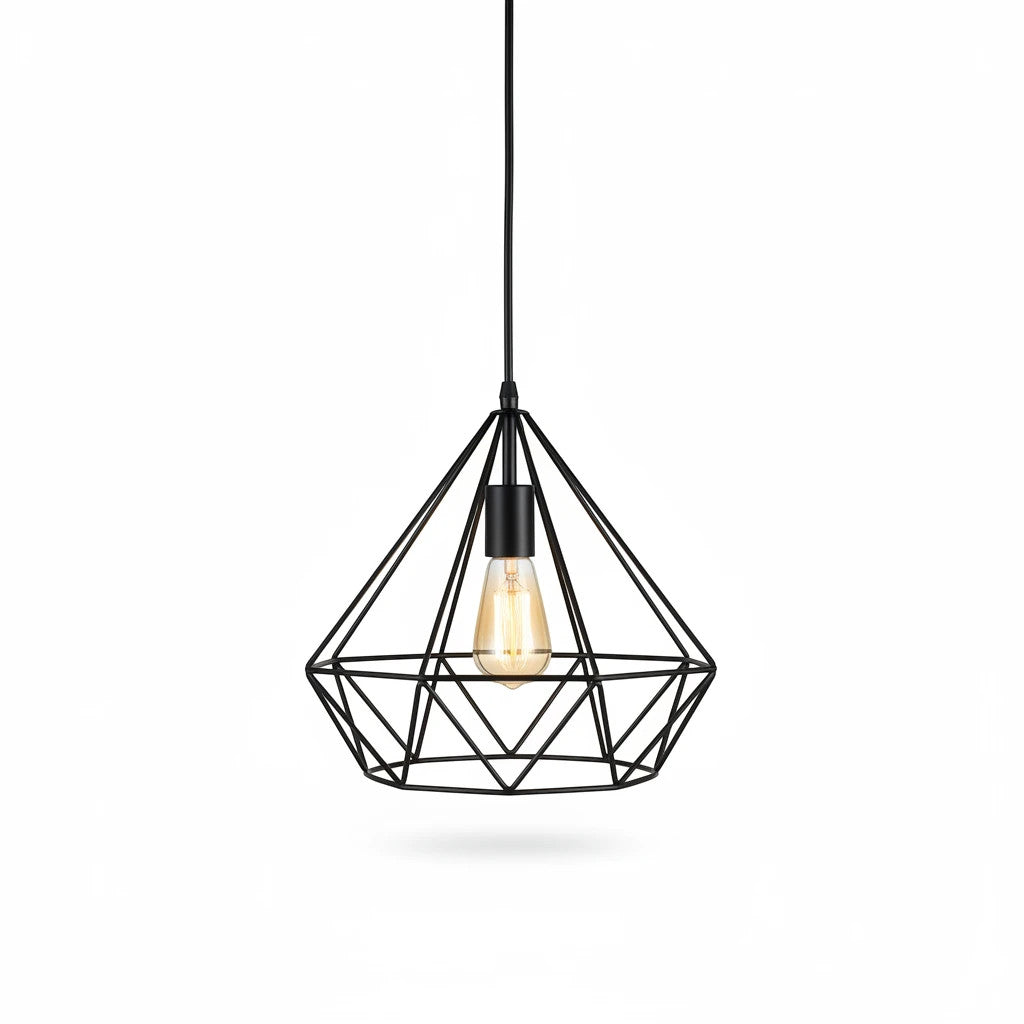 Lysverden industrial black metal wire pendant light in a diamond cage design with an exposed Edison bulb