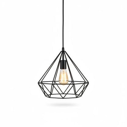 Lysverden industrial black metal wire pendant light in a diamond cage design with an exposed Edison bulb