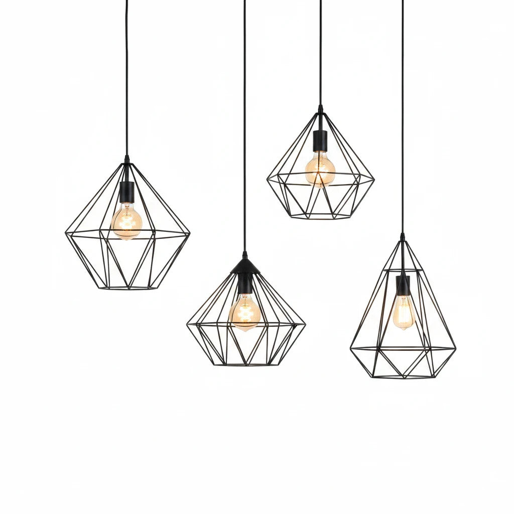 Lysverden industrial black metal wire pendant lights in various diamond cage shapes for modern interior lighting.