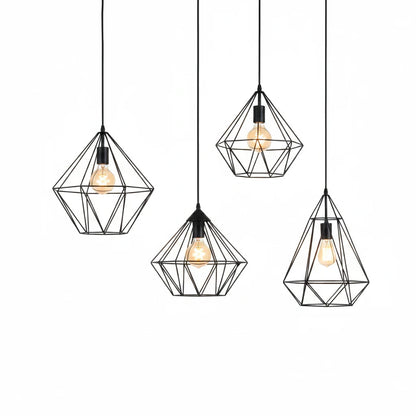 Lysverden industrial black metal wire pendant lights in various diamond cage shapes for modern interior lighting.