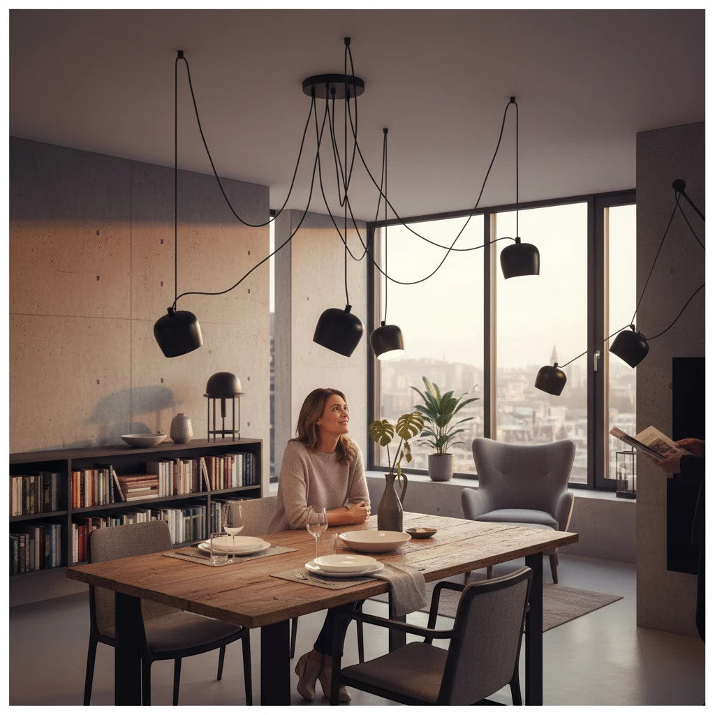 Lysverden industrial black metal drum pendant cluster light hanging over a wooden dining table in a modern living room