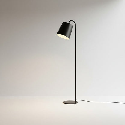 Lysverden black metal floor lamp with a conical shade and integrated LED light, featuring a minimalist Scandinavian design.