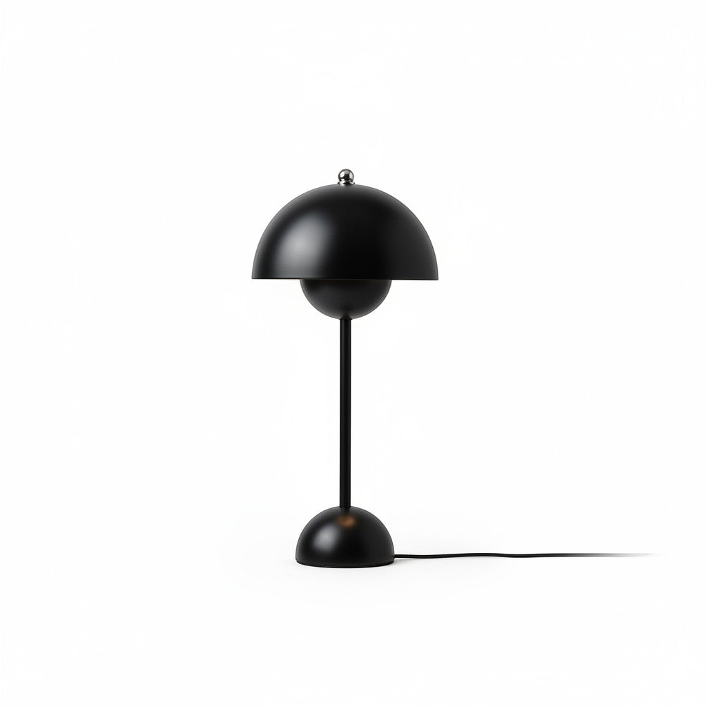 Lysverden black metal Flowerpot table lamp with E27 socket and iconic double-mushroom design.