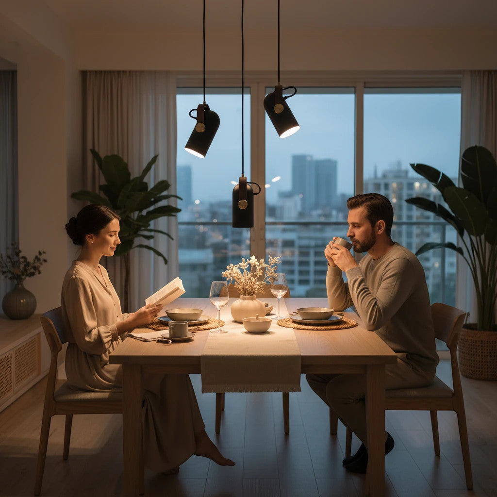 Lysverden matte black metal pendant lights with wood accents hanging over a dining table with a couple