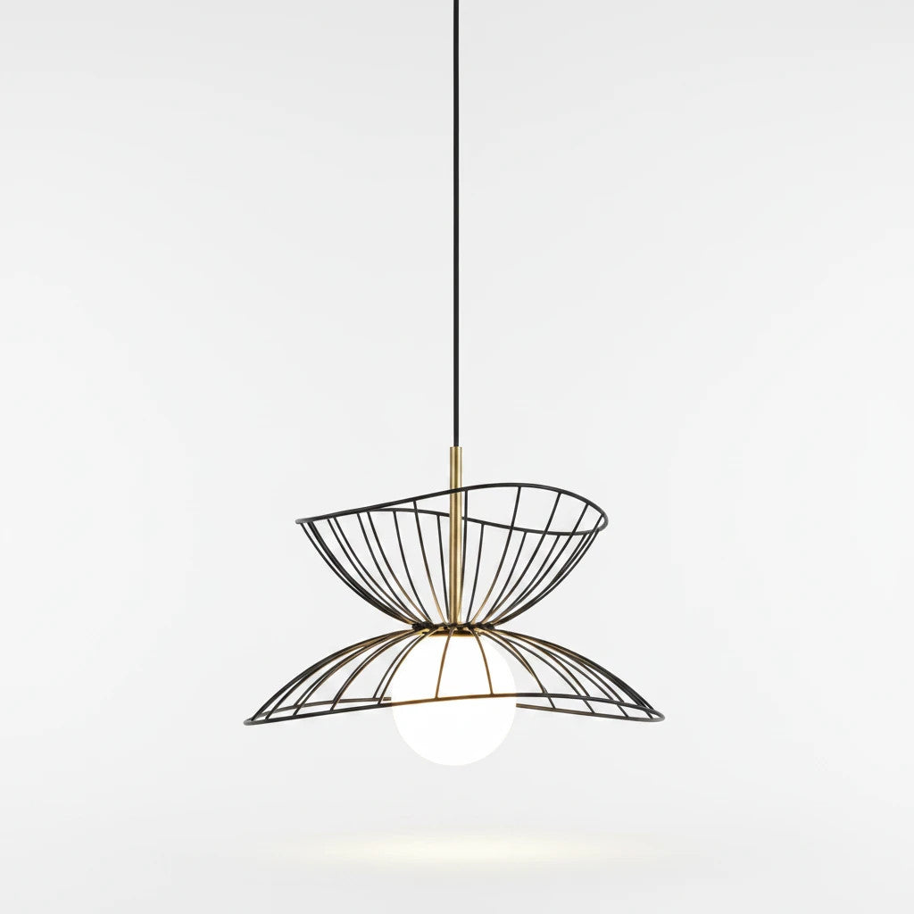 Lysverden black metal wire pendant light with a double bowl hourglass shape and a central glowing opal glass orb.