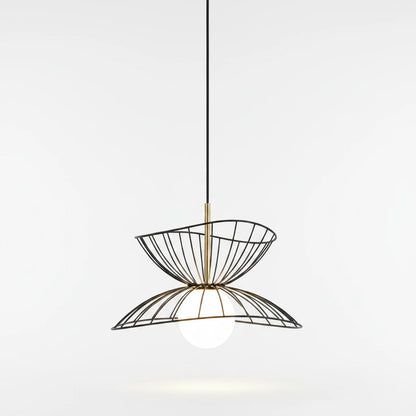 Lysverden black metal wire pendant light with a double bowl hourglass shape and a central glowing opal glass orb.