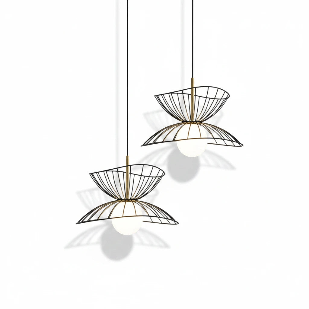 Lysverden black metal wire pendant lights with double bowl hourglass shape and central opal glass globes