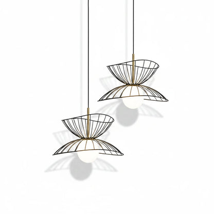 Lysverden black metal wire pendant lights with double bowl hourglass shape and central opal glass globes