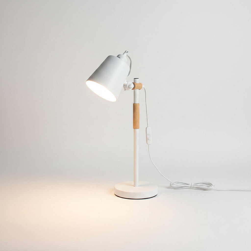Lysverden black metal desk lamp with adjustable head, jointed arm, and wood accents. E27 socket.