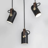 Lysverden matte black metal pendant spotlights with wood accents and brass details hanging in a group