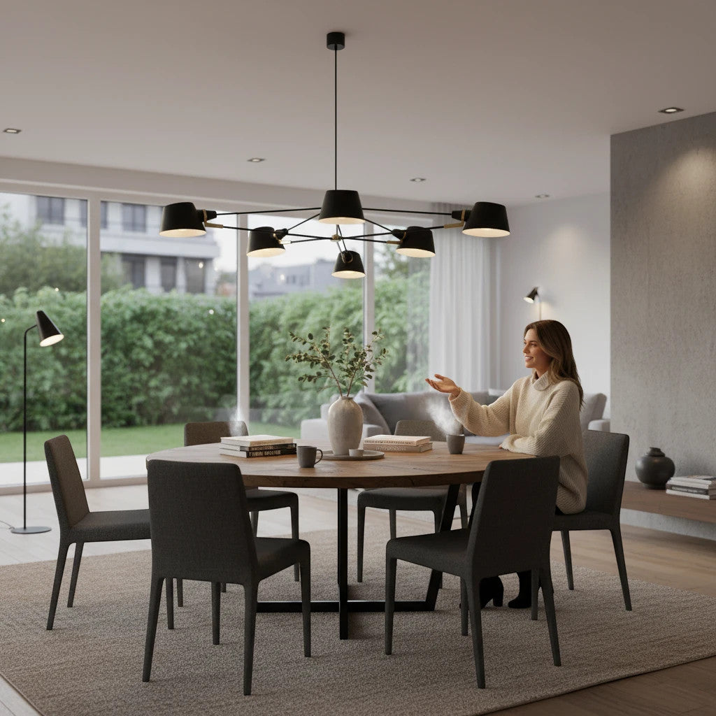 Lysverden modern black multi-arm pendant light hanging over a wooden dining table in a minimalist living room