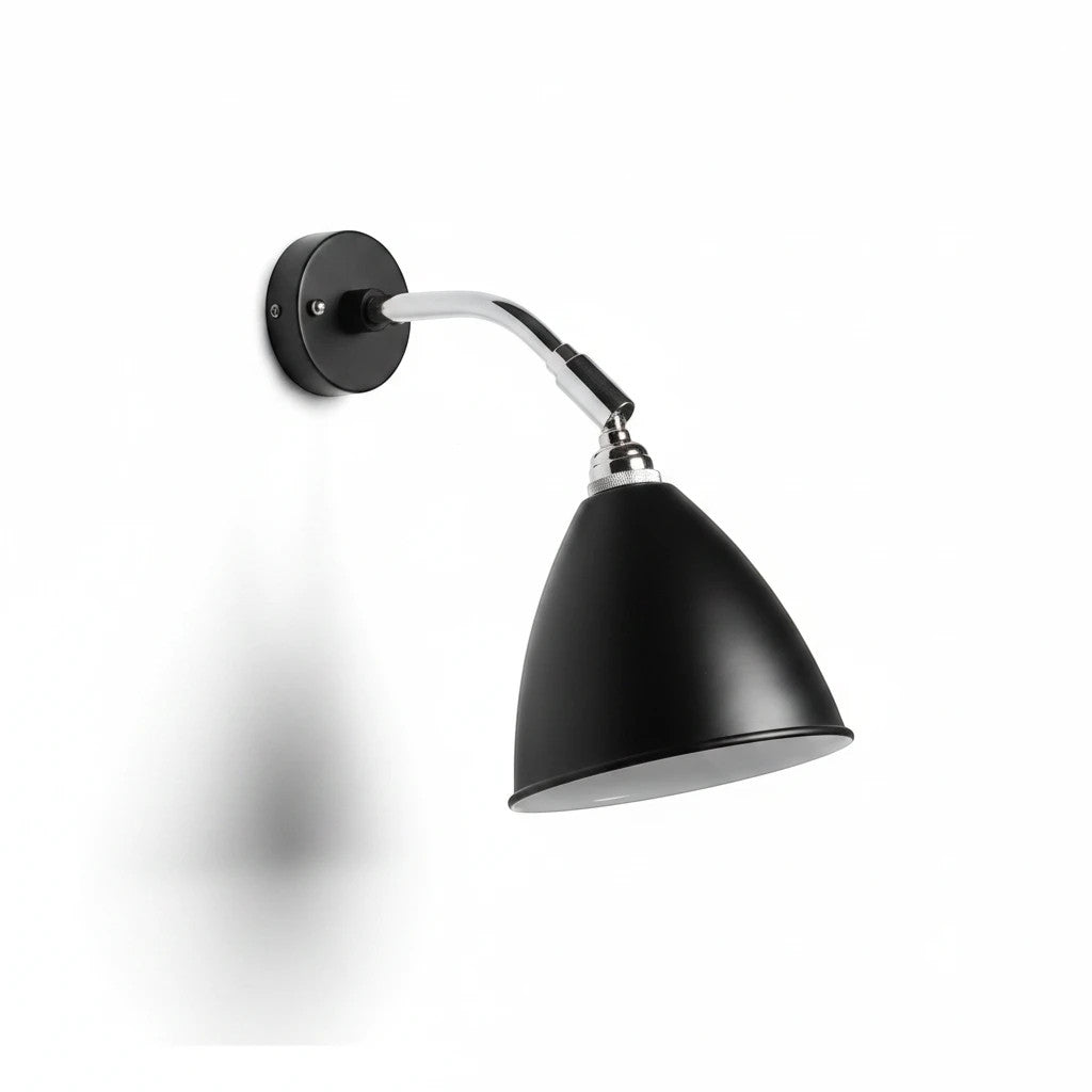 Lysverden black Nordic adjustable wall lamp with a flexible chrome arm and conical shade for reading.