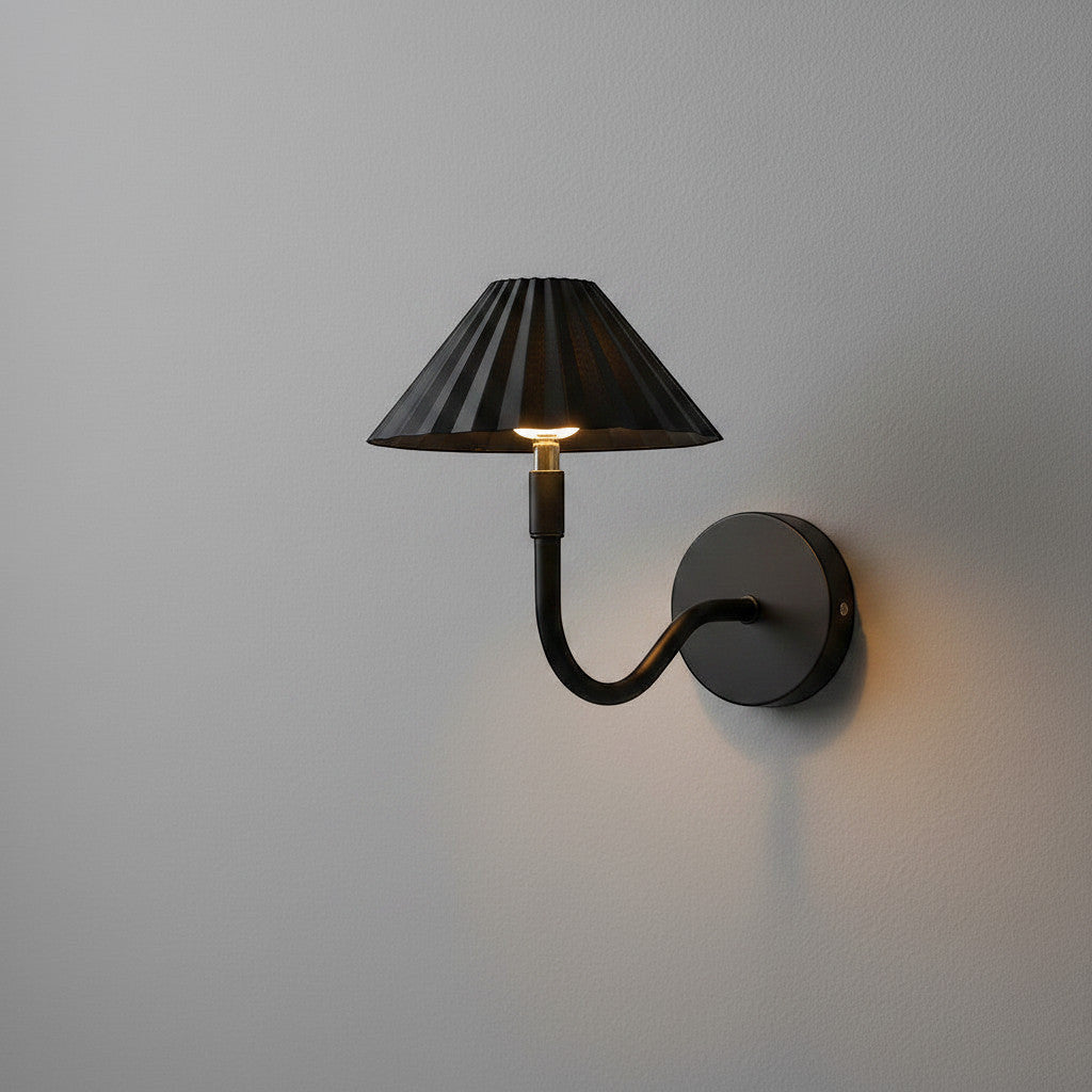 Lysverden black pleated ABS shade wall lamp with curved metal arm, touch control, and remote.