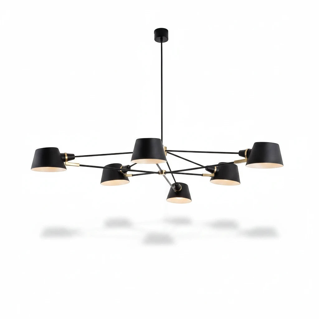 Lysverden modern black six-arm chandelier with minimalist metal shades and gold accents for contemporary dining rooms.