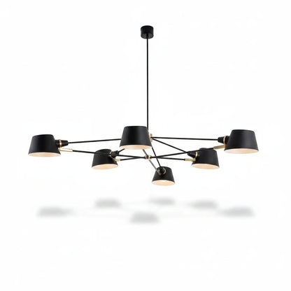 Lysverden modern black six-arm chandelier with minimalist metal shades and gold accents for contemporary dining rooms.
