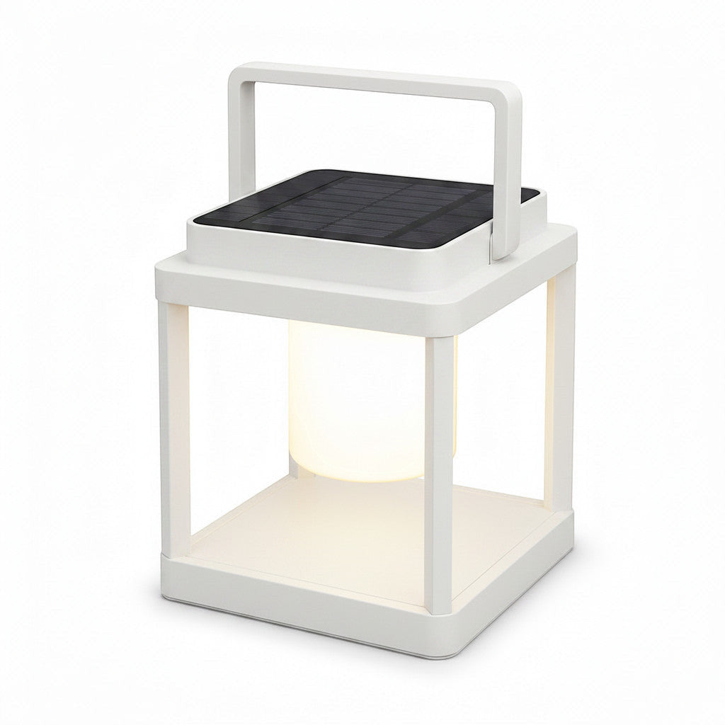Lysverden black outdoor lantern with solar panel top, USB charging, dimmable warm light, and handle. IP44 rated.