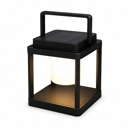 Lysverden black outdoor lantern with solar panel top, USB charging, dimmable warm light, and handle. IP44 rated.