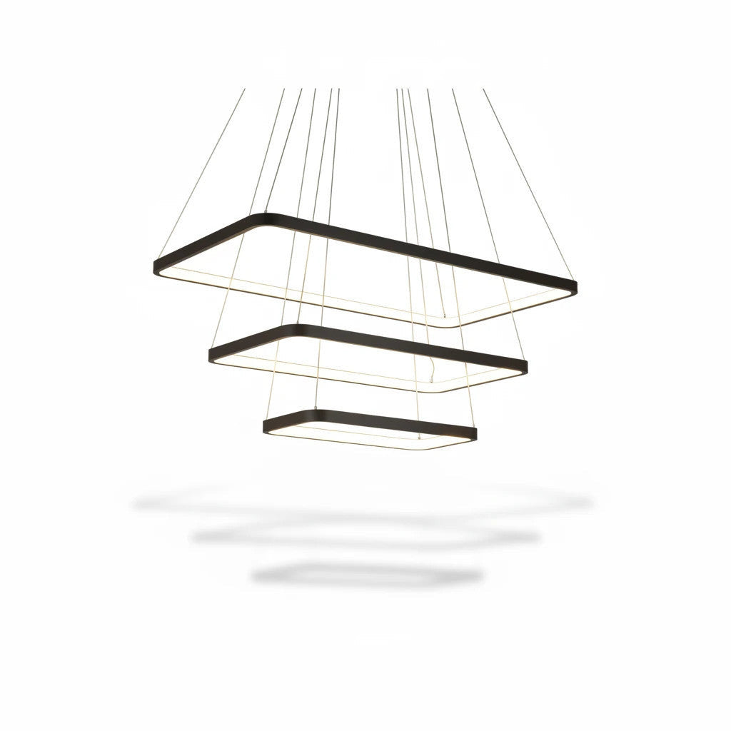 Lysverden modern black square LED pendant light with three tiered geometric rings for dining room lighting.
