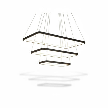 Lysverden modern black square LED pendant light with three tiered geometric rings for dining room lighting.