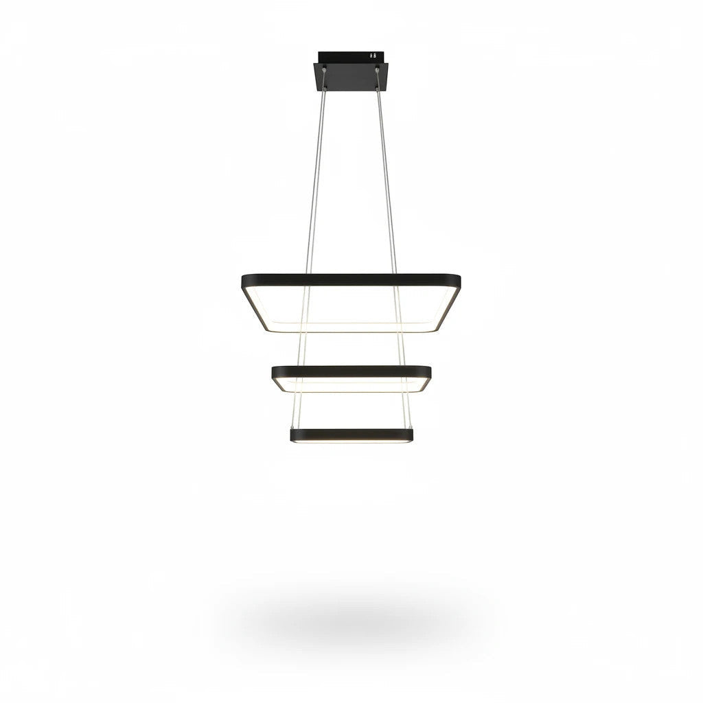 Lysverden modern black square LED pendant light with three tiered rings for architectural dining room lighting.