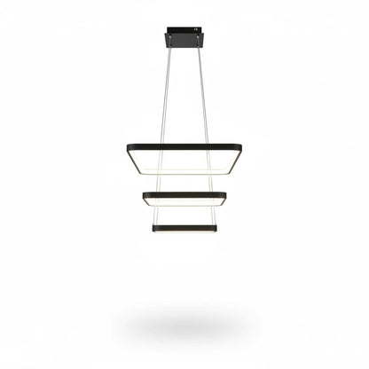 Lysverden modern black square LED pendant light with three tiered rings for architectural dining room lighting.